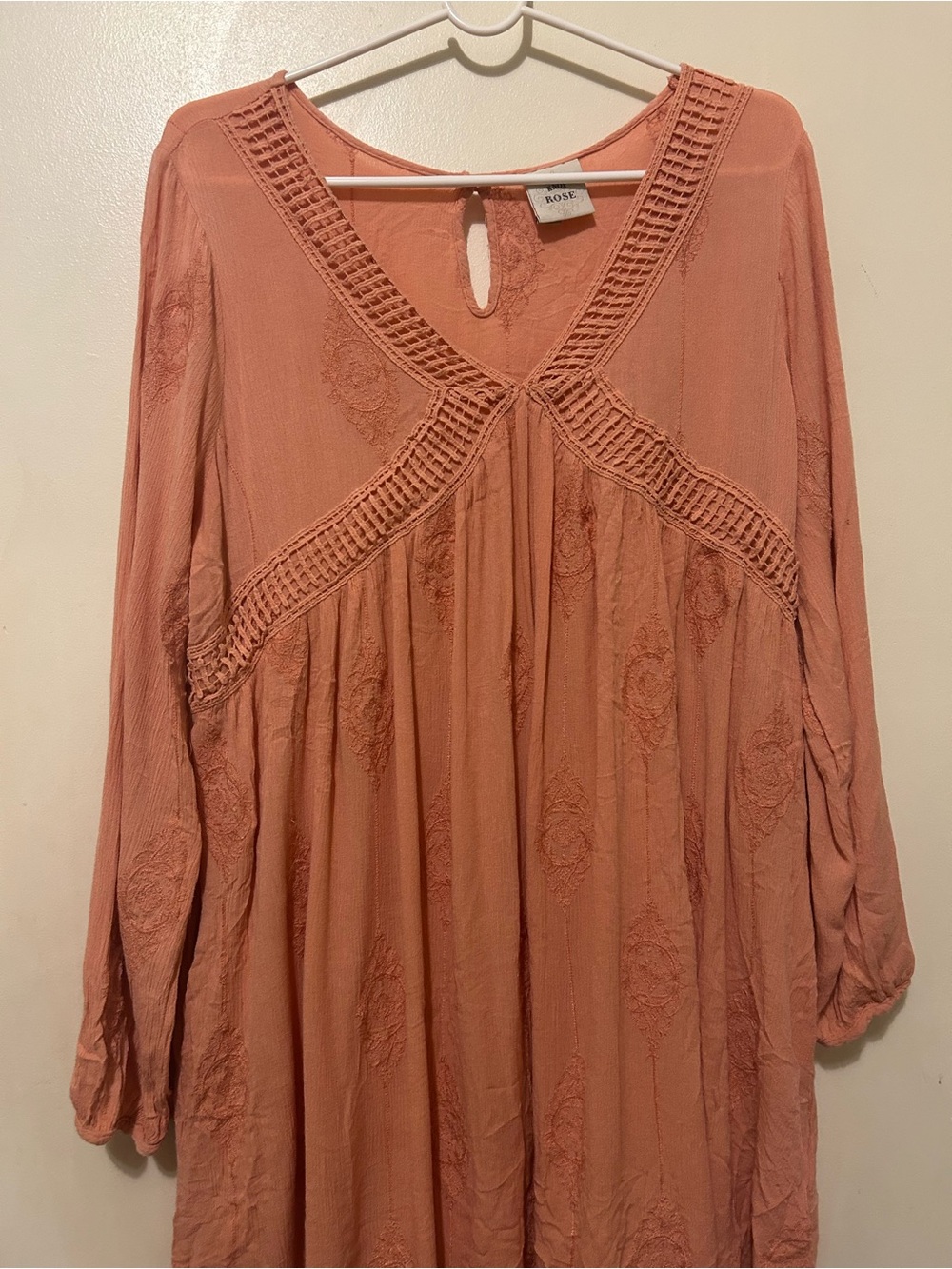 Knox Rose Dusty Rose Crochet-Trim Mini Baby Doll Dress Sz XL Long Sleeves pocket